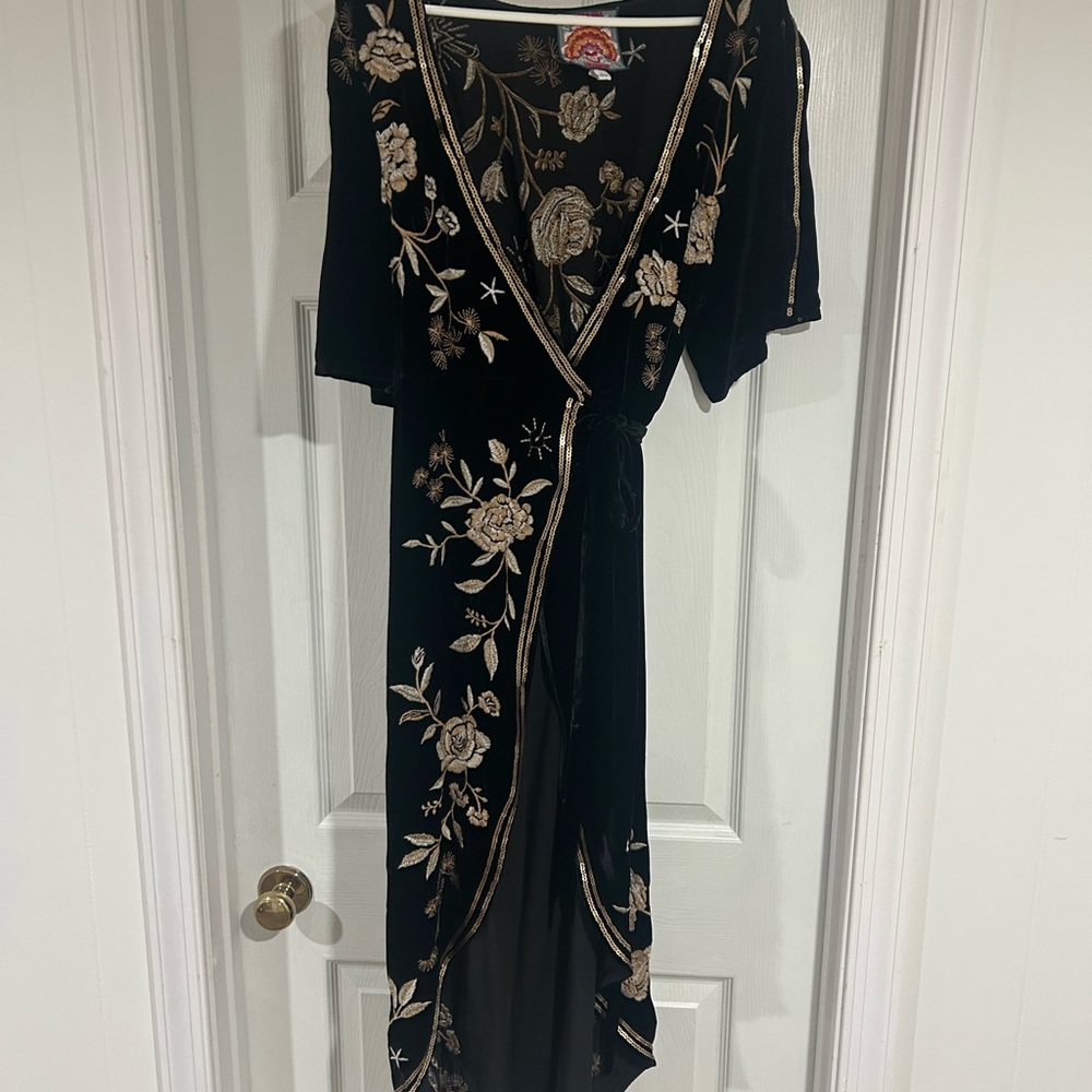 Johnny Was Black Velvet Midi Dress with Gold Floral Embroidery - Picture 6 of 6
